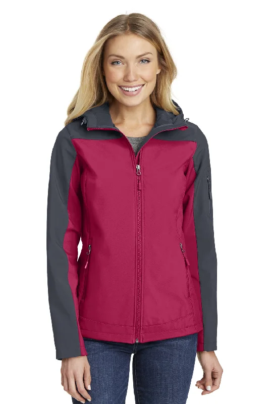 Port Authority Womens Core Wind & Water Resistant Full Zip Hooded Jacket - Dark Fuchsia Pink/Battleship Grey - Closeout