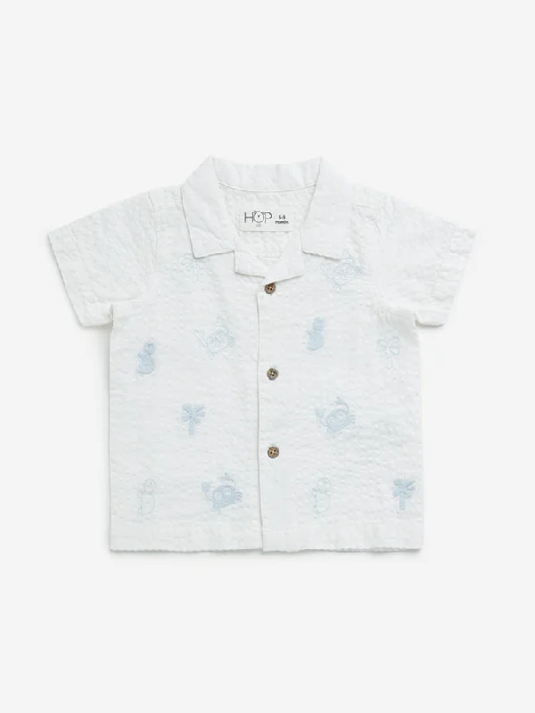 HOP Baby White Embroidered Popcorn-Textured Cotton Shirt