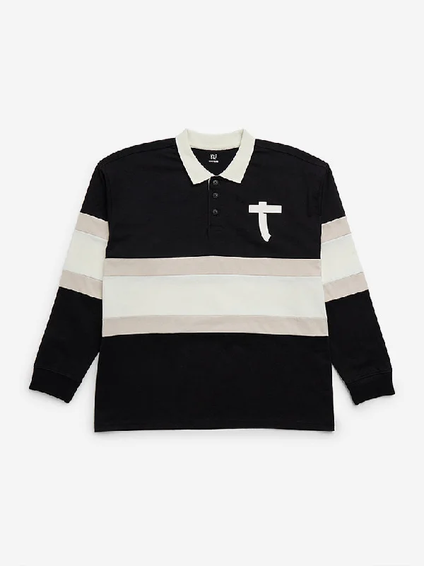 Y&F Kids Black Colour-Blocked Collared T-Shirt