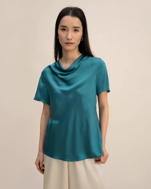 Cowl Neck Short Sleeves Silk Shirt for Women