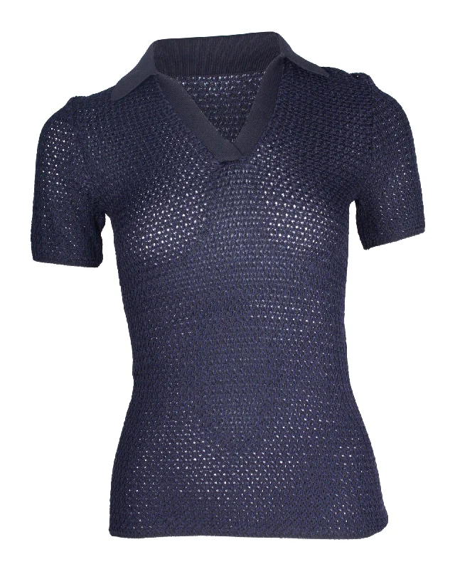 Dion Lee Basket-Weave Polo Shirt in Navy Blue Viscose