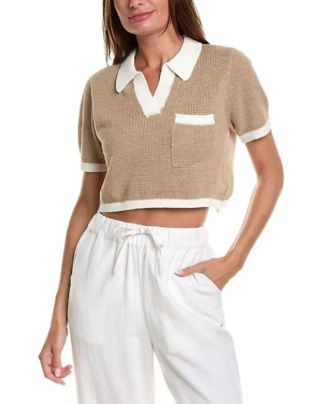 Linen Knit Cropped Polo In Jute/white