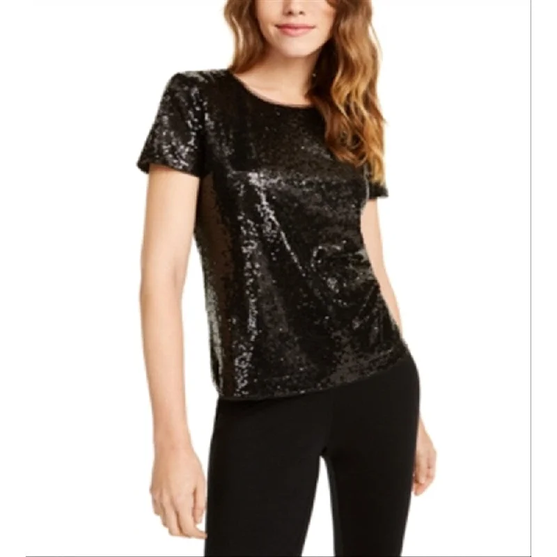 Maison Jules Women's Short Sleeve Sequined Top Black Size Large