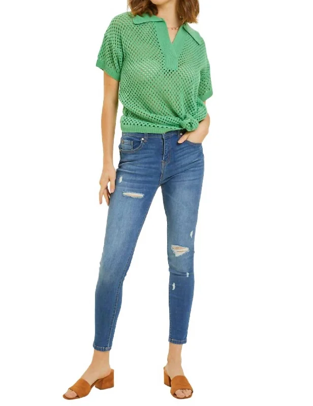 Open Knit Sweater Polo Top In Kelly Green