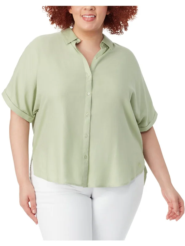 Plus Womens Cotton Short Sleeve Button-Down Top