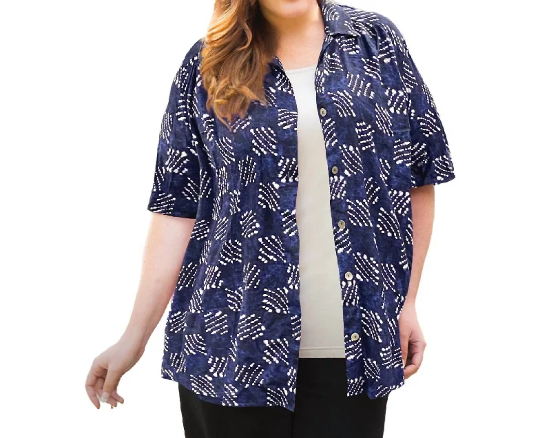 Printed Short Sleeve Collar Button Up Elaine Shirt - Plus Size In Blue Tribal