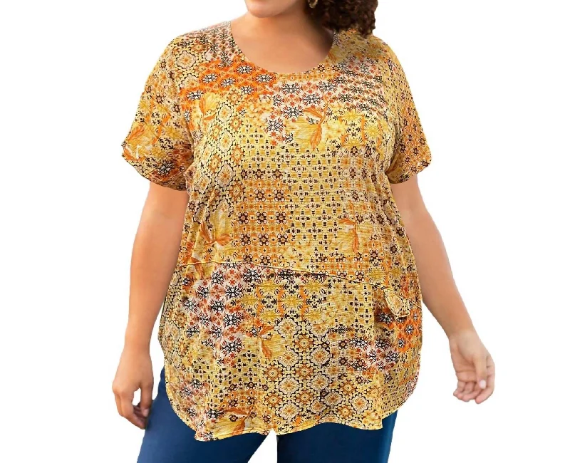 Printed Tyler Flair Short Sleeve Top - Plus Size In Yellow Patchwork