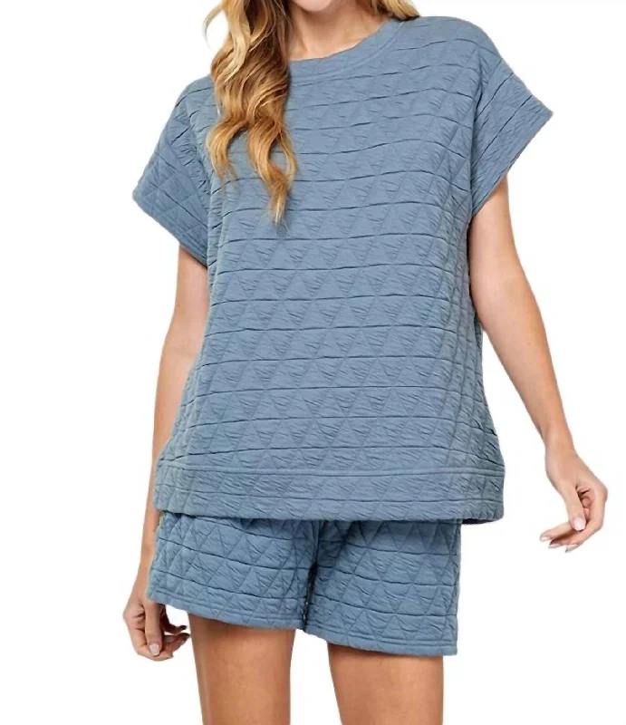 Quilted Short Sleeve Top In Blue