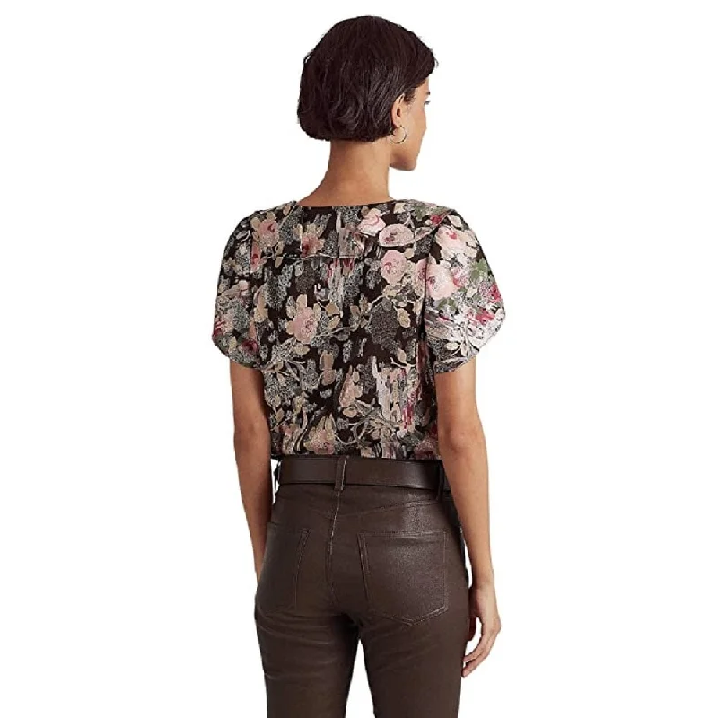 Ralph Lauren Women's Floral Metallic Jacquard Short Sleeve Blouse Brown Size X-Large