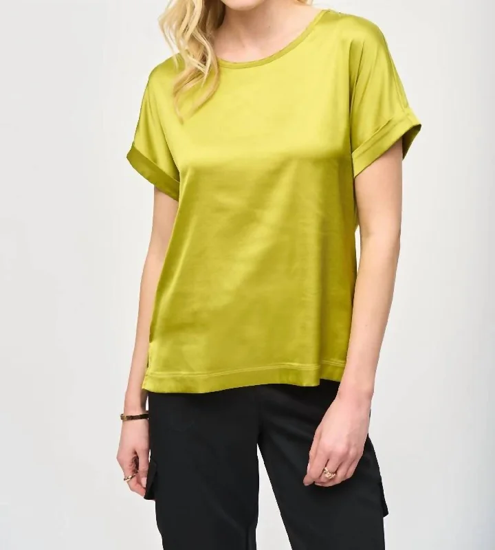 Satin Front Short Sleeve Top In Wasabi