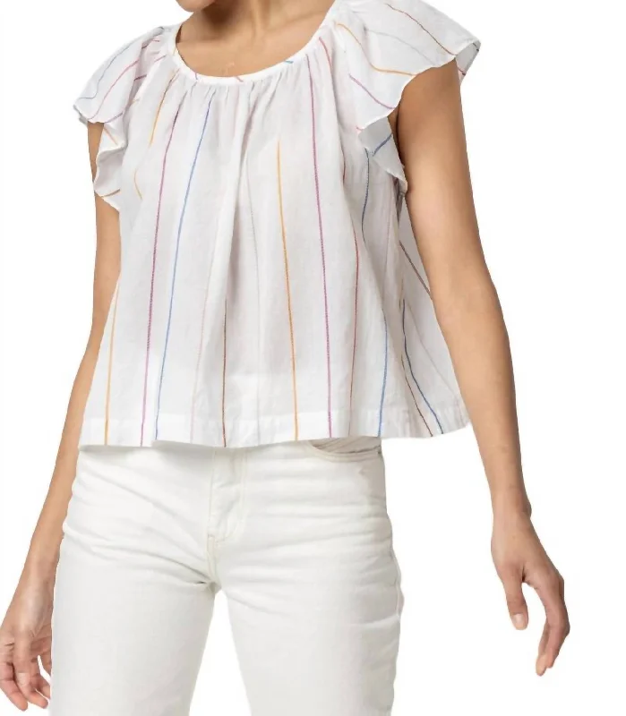 Shirred Short Sleeve Raglan Top In Multi Stripe