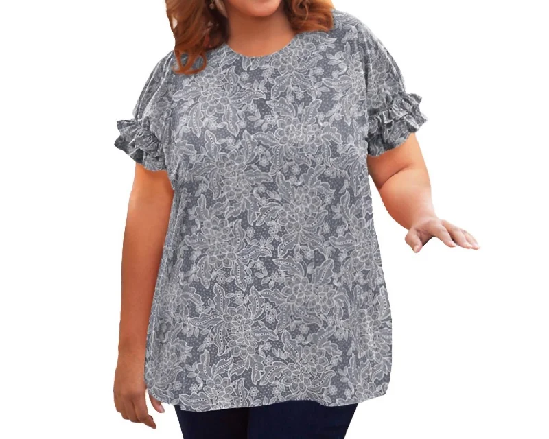 Short Sleeve Ruffle Blouse - Plus Size In Gray Floral