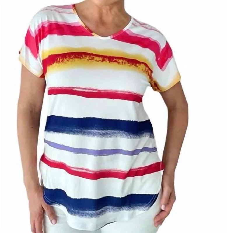 Short Sleeve Striped Knit Top In Multicolor