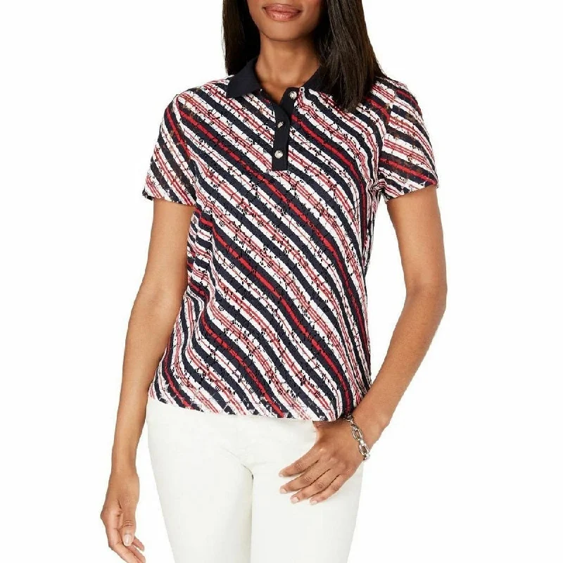 Tommy Hilfiger Women's Polo Shirt Striped Lace Blue Size Medium