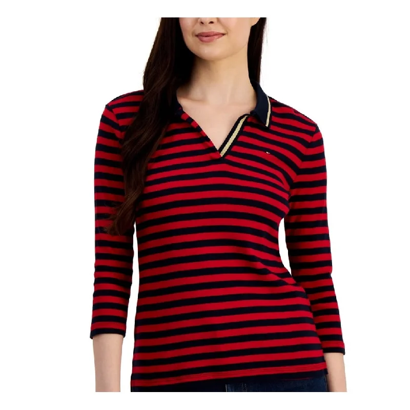 Tommy Hilfiger Women's Striped Cotton Johnny Collar Polo Top Red Size X-Small