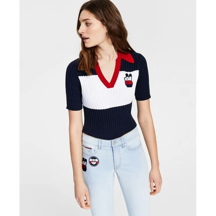 Tommy Jeans Women's Cropped Colorblock Polo Sweater Blue Size X-Large