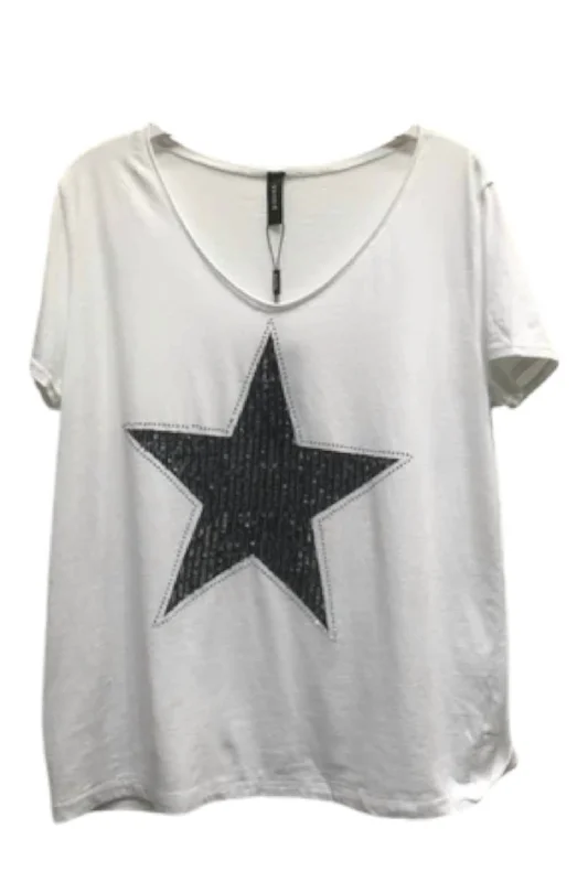 Two Tone Sequin Star Short Sleeve Tee In White