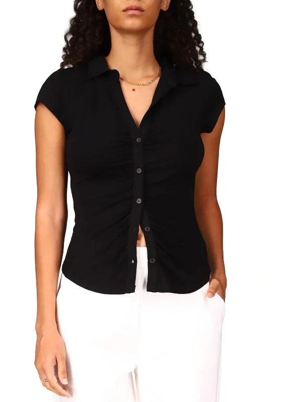 Womens Collar Short Sleeve Button-Down Top