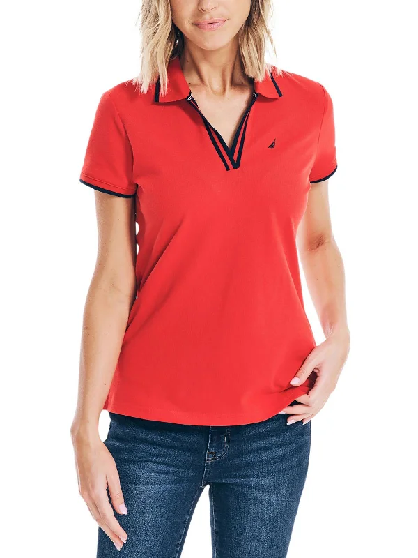 Womens Contrast Trim Split Neck Polo Top