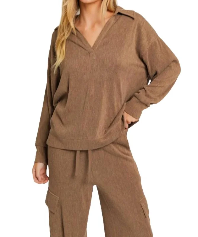 Kerry Long Sleeve Polo Top In Mocha