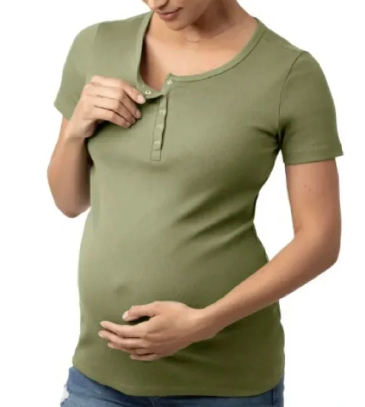 Organic Cotton Nursing & Maternity Henley Short Sleeve Shirt In Olive