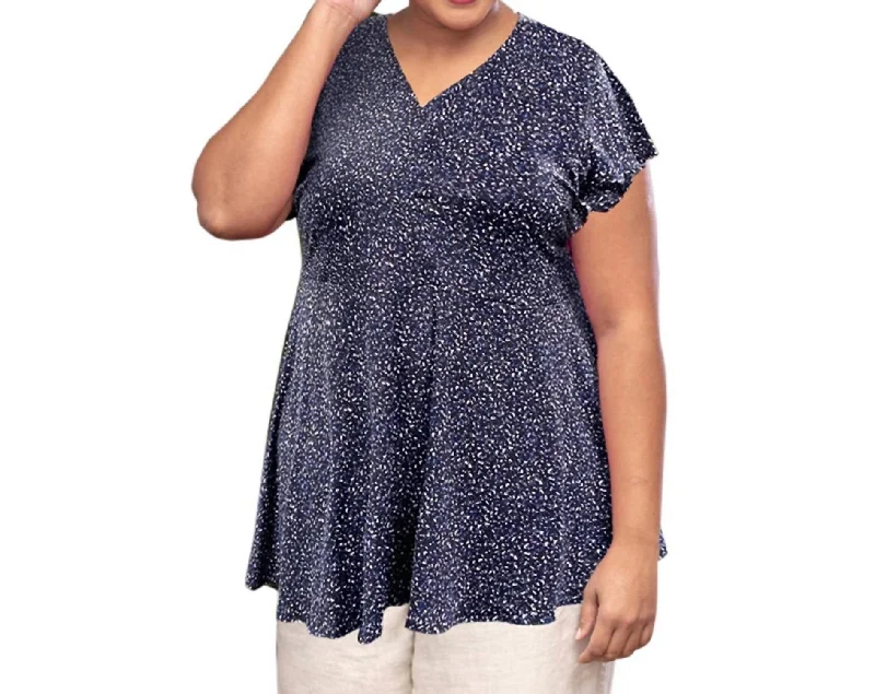 Printed Short Sleeve Baby Doll Top - Plus In Navy Dot