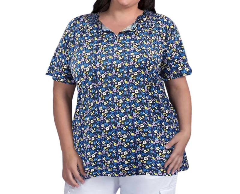 Printed Short Sleeve Ruffle And Tie Top - Plus In Blue Multi Floral