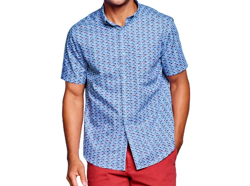 Short Sleeve Printed Cotton Shirt In Blue Patriotic Print