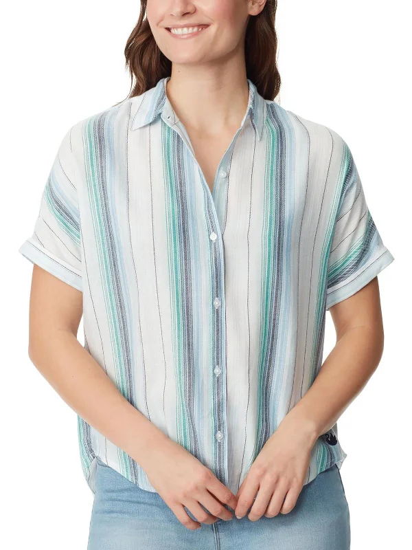 Womens Collar Short Sleeves Button-Down Top