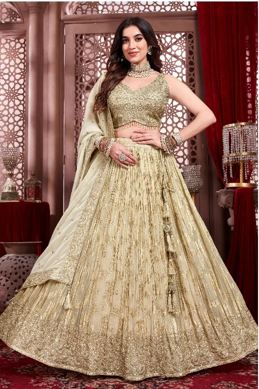 Beige Sequins, Zari and Beads work Crop Top Lehenga