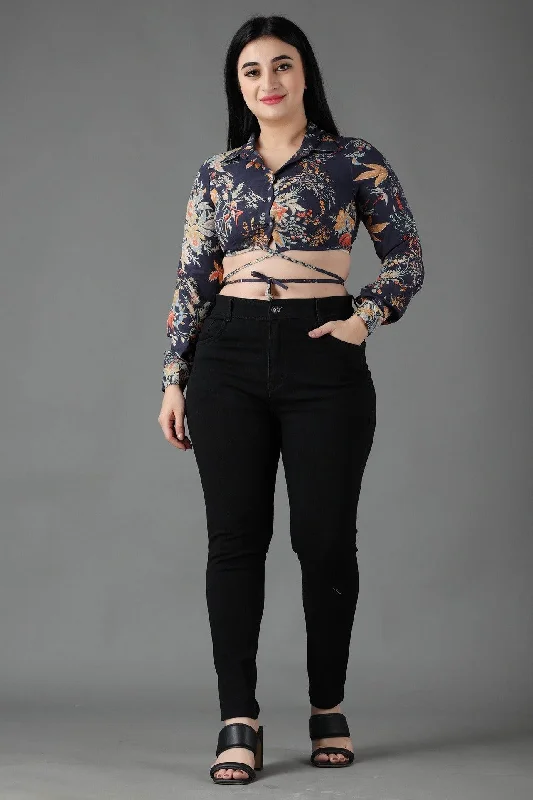 Black Floral Shirt Style Tie Around Top