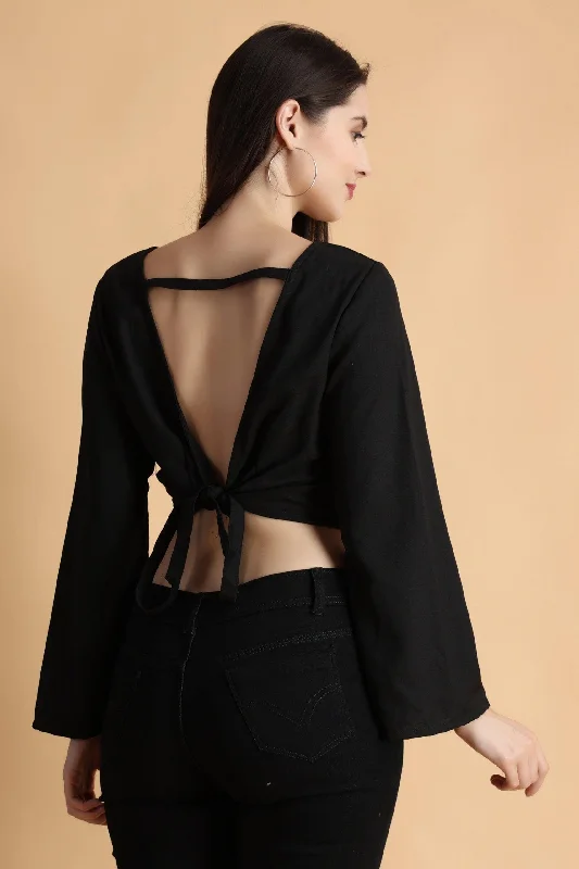 Black Solid Backless Tie Top with Bell SleevesCroptopfit