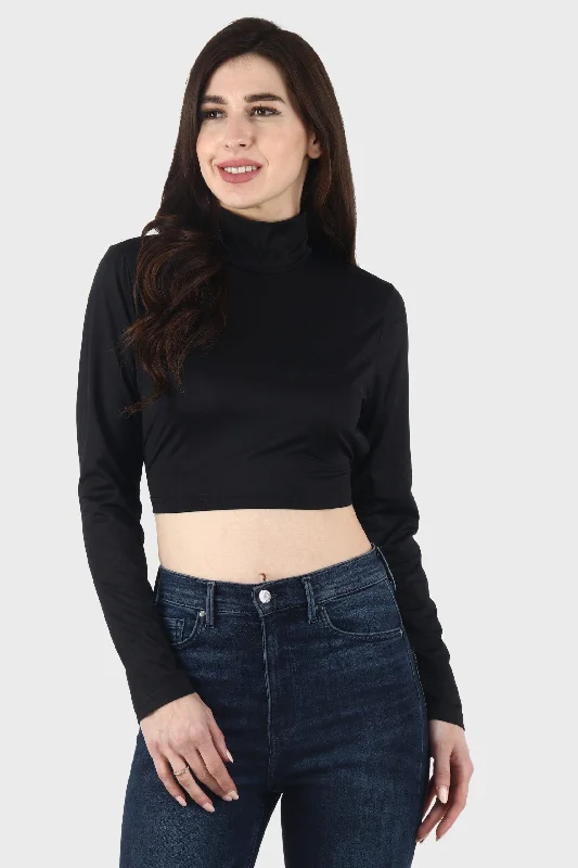 Black Solid Backless Tie Top with Long SleevesCroptopwear