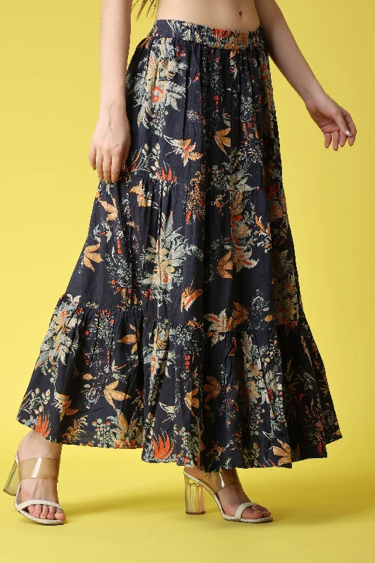 Blue Floral Printed Long SkirtCroptoptech