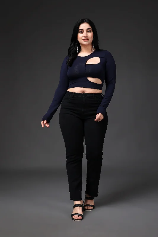 Navy Blue Solid Front Cut Crop Top