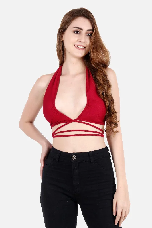 Red Solid Backless String Tie TopCroptopshirt