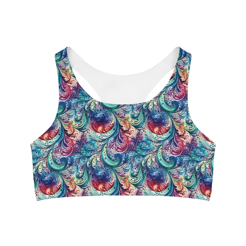 Seamless Sports Bra, Navy Blue Paisley DesignCroptopdata