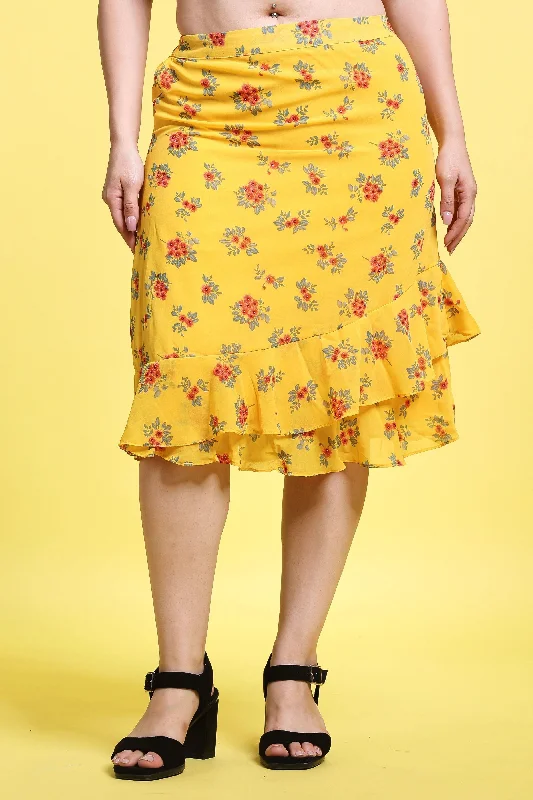 Yellow Floral Printed Layered SkirtCroptopstyle