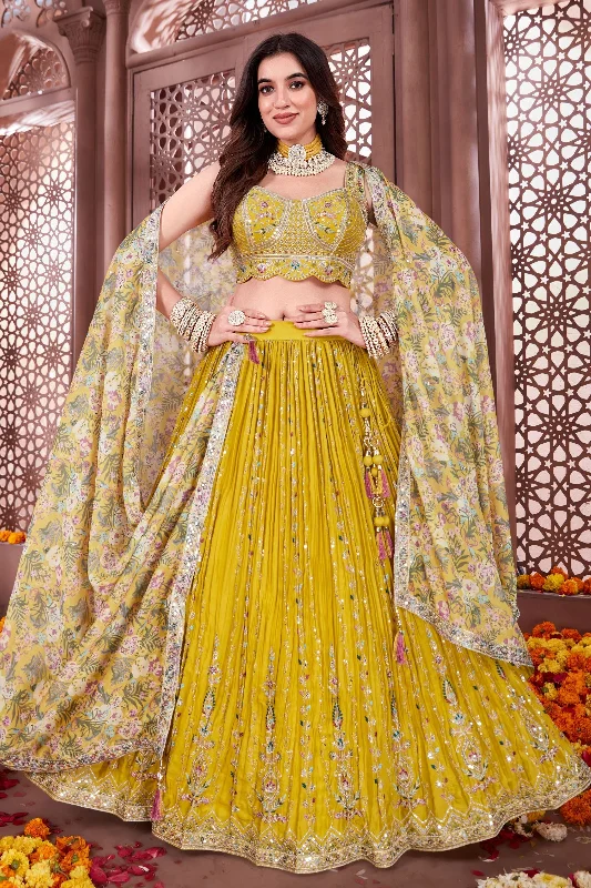 Yellow Multicolor Thread, Zari and Sequins work Crop Top Lehenga