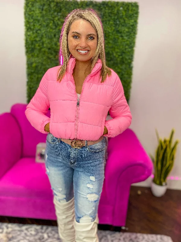 Cozy Aura Pink Cropped Bubble Zip Up Puffer Jacket