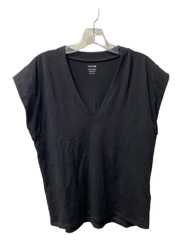 Frame Size S/P Black Cotton V Neck Cap Sleeve Boxy Fit Top