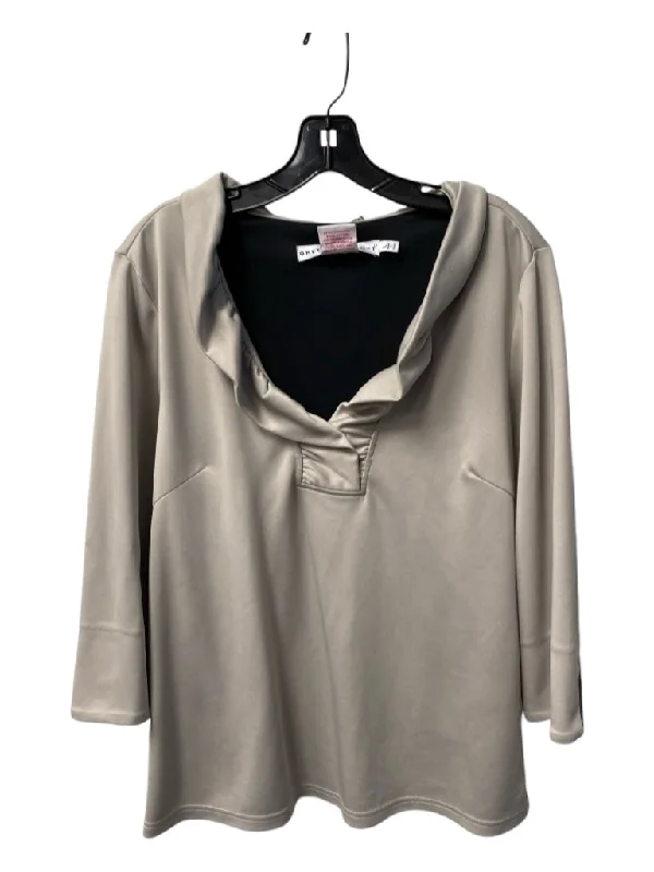 Gretchen Scott Size Large Taupe Polyester Blend V Neck Ruffle Detail Top