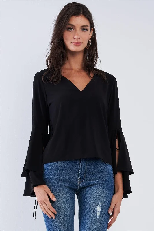 Jet Black V-Neck Long Bluebell Slit Draw String Tie Double Frill Sleeve Top