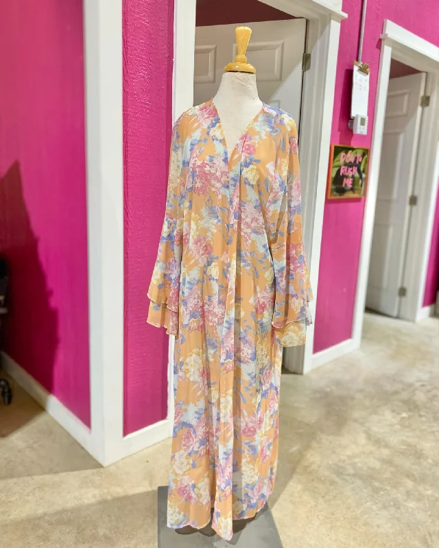 "KC" Peach Floral Long Sleeve Kimono Crop Top Size: L