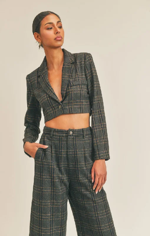 Sage The Label Know You Plaid Crop Blazer in Charcoal Multi