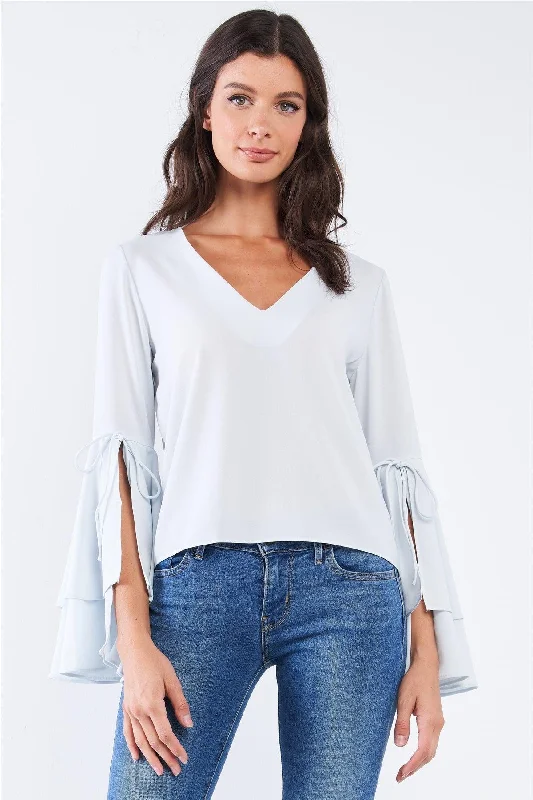 Light Blue V-Neck Long Bluebell Slit Draw String Tie Double Frill Sleeve Top