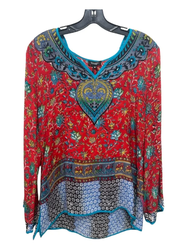 Tolani Size M Red Blue & Multi Silk V Neck Paisley Long Sleeve Top