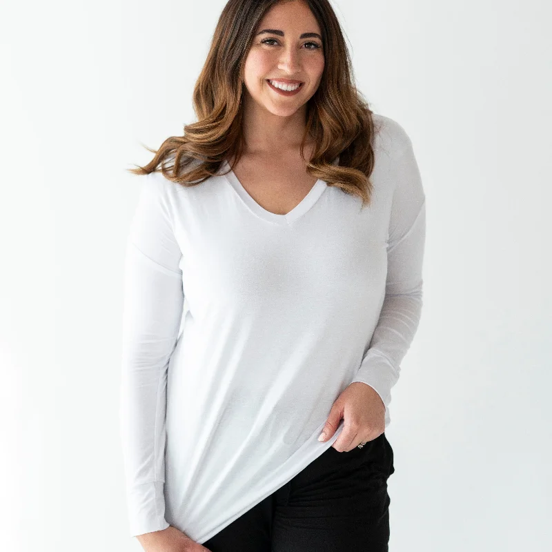 White Women's V-Neck Long Sleeve Shirt