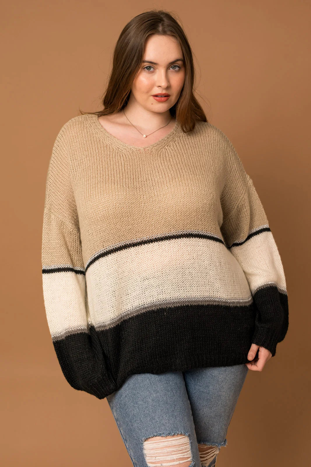 Plus Size V-Neck Color Block Metallic Striped Sweater