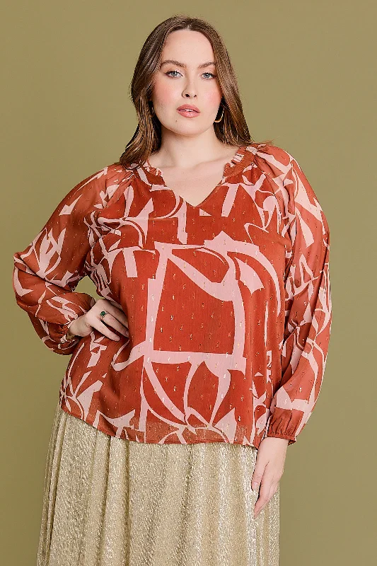 Plus Size Ruffle Abstract Long Sleeve V-Neck Blouse